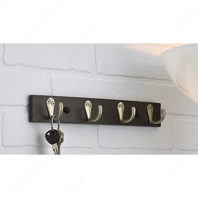 Richelieu Utility Hook Rack - Espresso Board - Matte Nickel - 1 51/64-in H x 11 13/16-in W x 1 13/16-in D