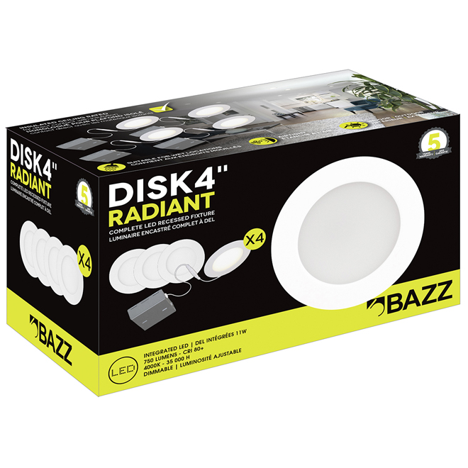 Encastré à DEL de 4 1/4 po Disk Radiant par Bazz, blanc mat, à intensité variable, paquet de 4