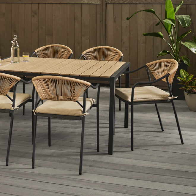 Landon & Co. Stackable Dining Chair with Wicker Backseat and Beige Cushion