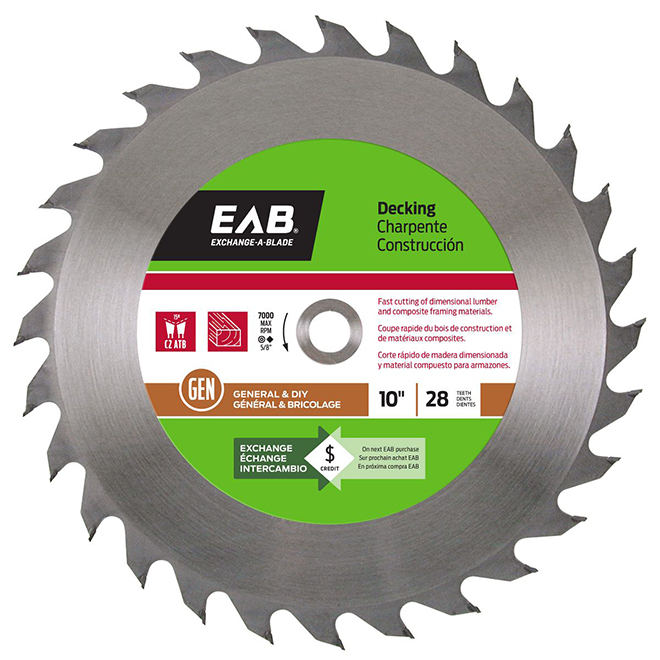 EAB Tool Carbide Saw Blade for Decking - 10-in x 28 Teeth - Exchangeable