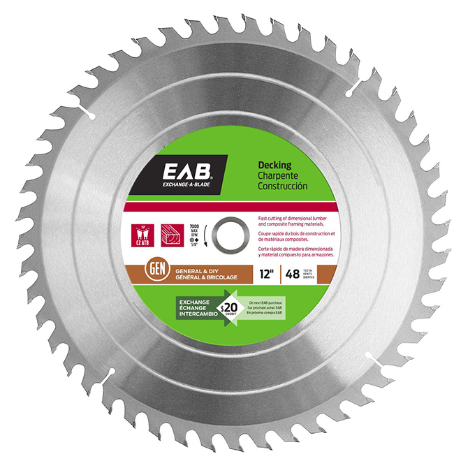 Lame de scie à bois EAB, carbure, 12 po dia, 48 dents, angle d'attaque 15?