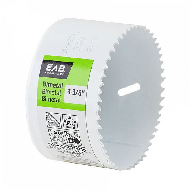 Scie-cloche EAB, 3 3/8 po dia, qualité M3, bimétallique, profondeur de coupe 1 5/8 po, blanche