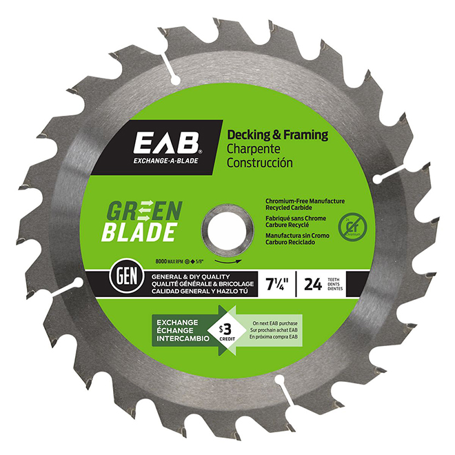 EAB Green Blade 7 1/4-in Framing Saw Blade - 5/8-in DKO Arbour - 24-TPI - ATB Teeth - Carbide-Tipped