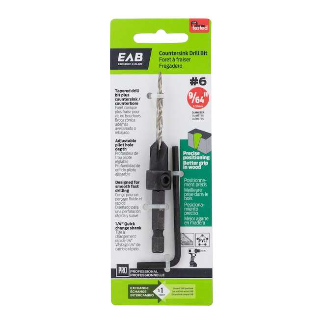 EAB Countersink Drill Bit Tapered 9/64-in x #6 with 1/4-in Quick Change Shank