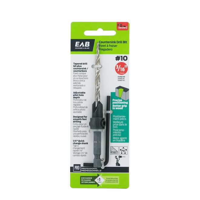 EAB Countersink Drill Bit Tapered 3/16-in x #10 with 1/4-in Quick Change Shank