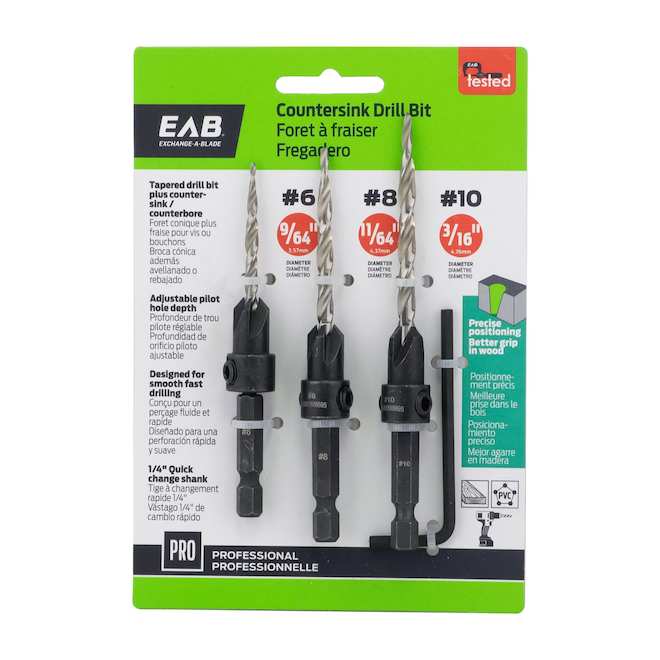 EAB Assorted Countersink Drill Bits Tapered with 1/4-in Quick Change Shank - Pack of 3