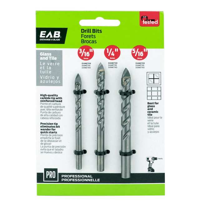 EAB Assorted Drill Bits with Carbide Tip for Glass and Tile - Pack of 3