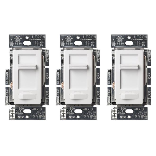 Gradateur Lutron incandescence à glissière 150W blanc, paquet de 3