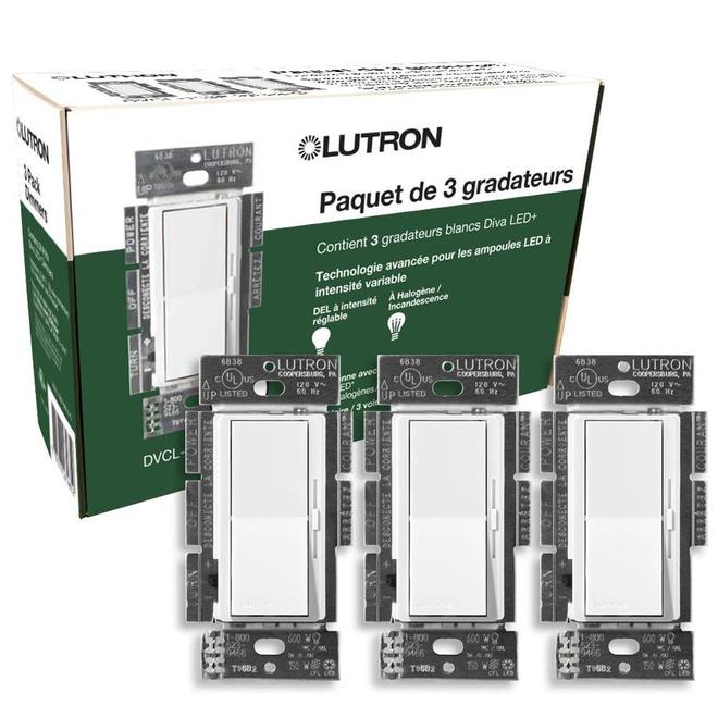 Gradateurs blancs DEL-CFL Diva par Lutron de 150-600 Watts unipolaire/tridirectionnel, 3/pqt