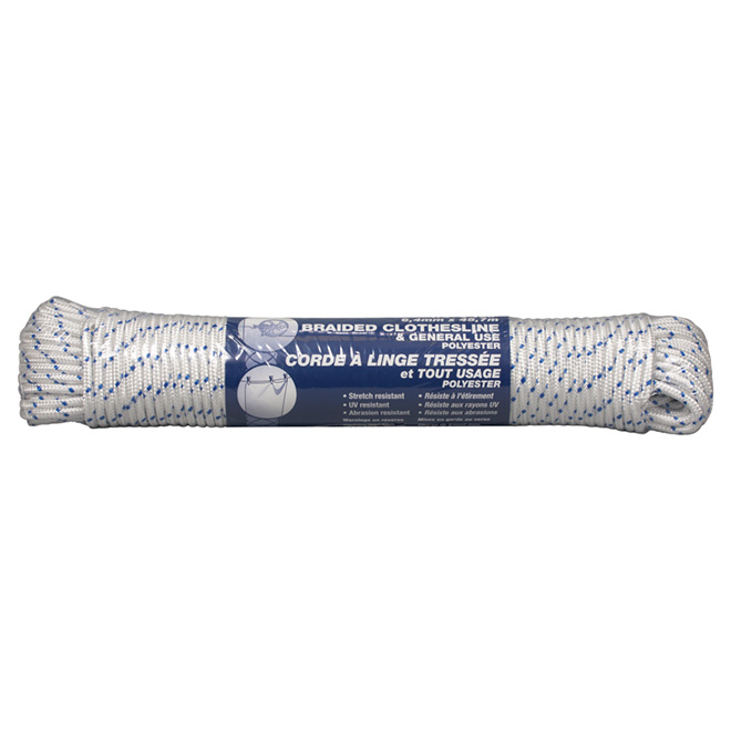 Ben-Mor Diamond-Braided Rope Clothesline - Polyester - White and Blue - 1/4-in x 100-ft