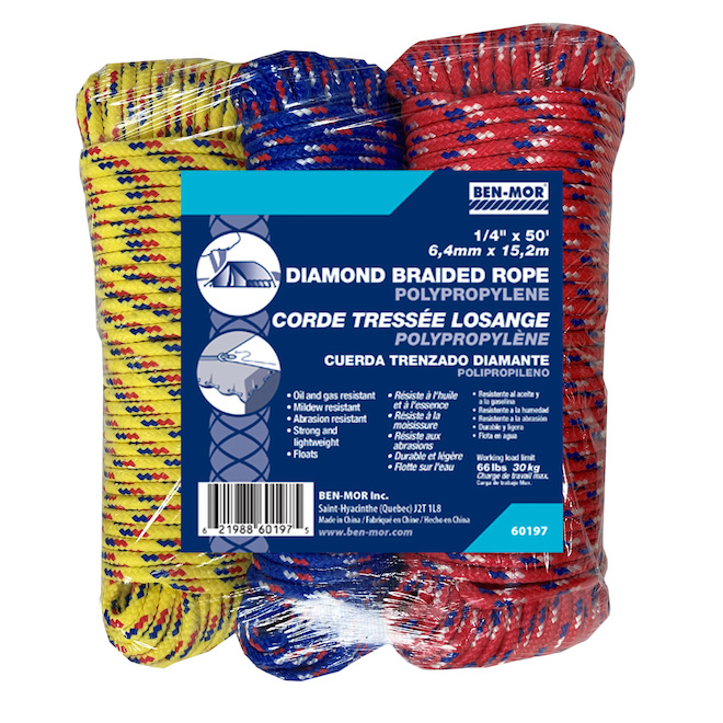 Ben-Mor Diamond-Braided Ropes - Polypropylene - Various Colours - 50-Ft X 1/4-In - 3-Pack 60197 - Reno-Depot