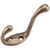 Onward Heavy-Duty Double Coat Hook - 3 25/64-in H x 25/32-in W - Antique Brass - Metal - 22 lbs Load Capacity