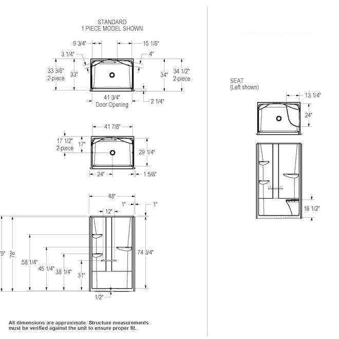 MAAX Camelia White Acrylic 2-Piece Shower with Rightside Seat and Grab Bar - 48 x 34 x 88-in