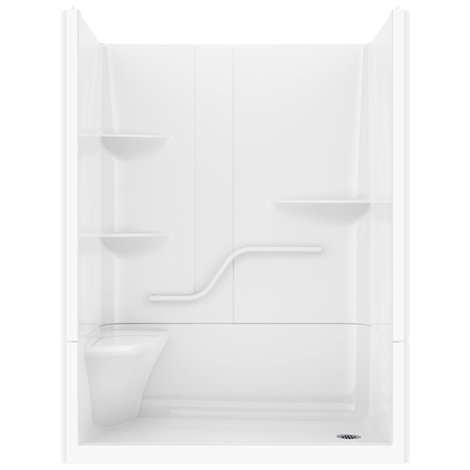 MAAX Camelia White Acrylic 2-Piece Shower with S-Grab Bar - Righthand Drain and Left Molded Seat - 60 x 34 x 79-in