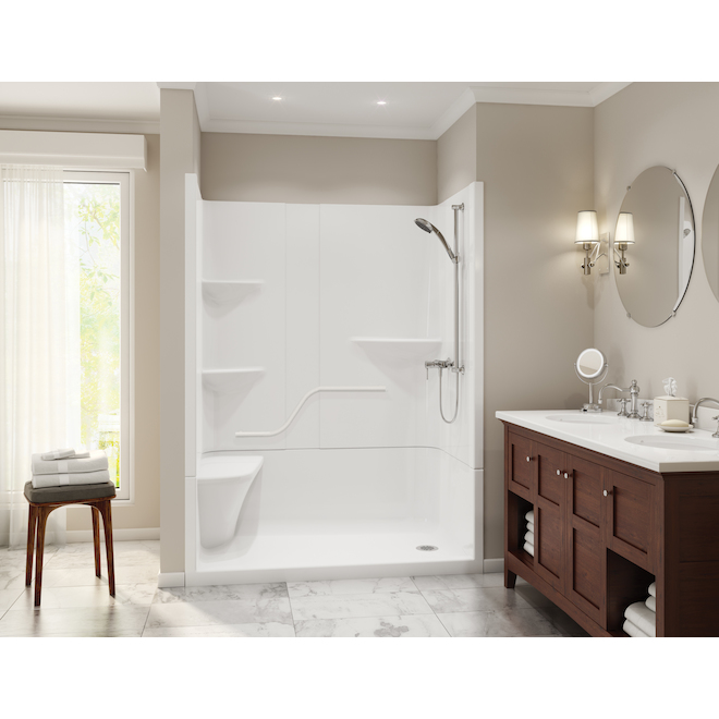 MAAX Camelia White Acrylic 2-Piece Shower with S-Grab Bar - Righthand Drain and Left Molded Seat - 60 x 34 x 79-in