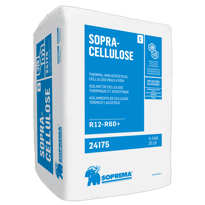 Isolant de cellulose thermique et accoustique Sopra-Cellulose Soprema R12-R60+, 25 lb