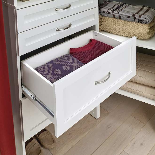 Tiroir en bois stratifié blanc pur 25 po l. x 10 po H. SuiteSymphony par ClosetMaid coulisses à fermeture amortie