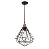 Pendant - 1 Light - Cage Shade - Black with Wood Accent