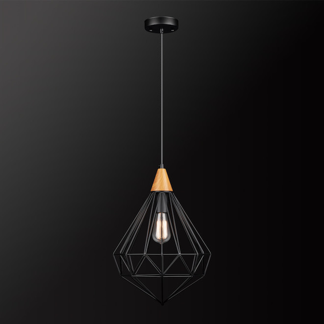 GLOBE ELECTRIC Pendant - 1 Light - Cage Shade - Black with Wood
