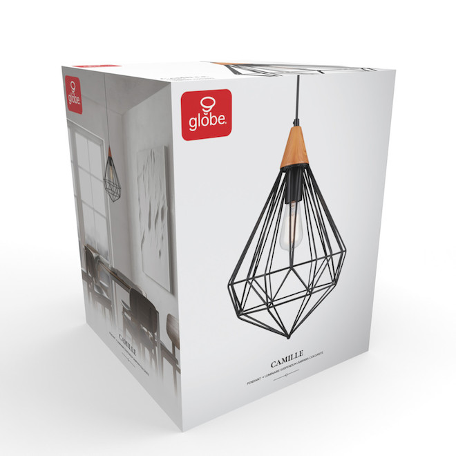 Pendant - 1 Light - Cage Shade - Black with Wood Accent