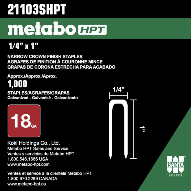 Agrafes, 1/4 po x 1 po, calibre 18, acier galvanisé, 1000/pqt