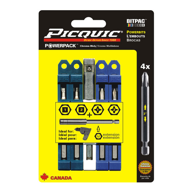 Picquic Screwdriver Bit with Extension Kit - Power Bit - Steel - Set of 4