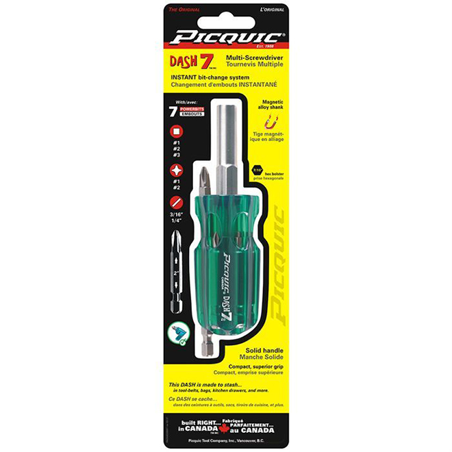 Picquic Dash 7-pc Screwdriver Set - Bit Storage System - Solid Handle - 2-in L Power Bits