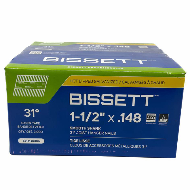 Clous en bande 31° Bissett galvanisés avec tige lisse 1 1/2 po x 0,148, boîte de 3000