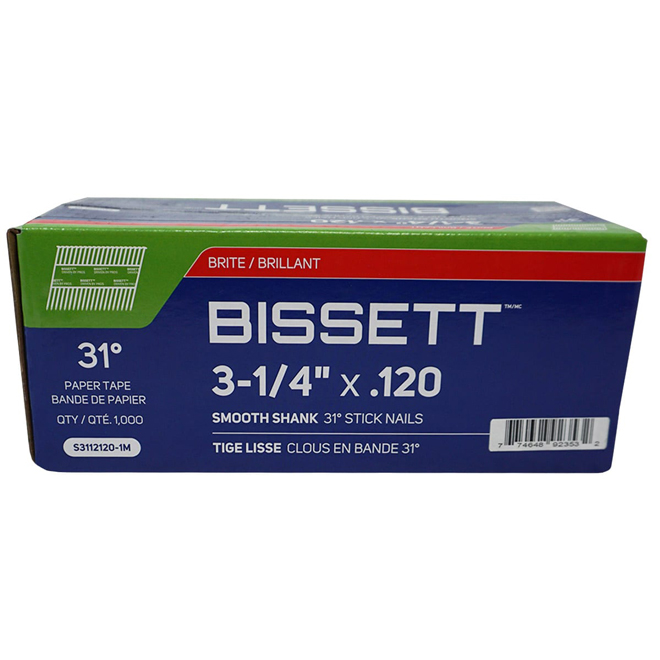 Clous à charpente en bande 31° Bissett 3 1/4 x 0,120 po brillants, paquet de 1000