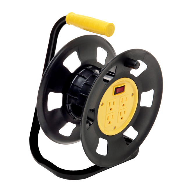 Woods Standing Storage Reel with 4 outlets - Black/Yellow E230