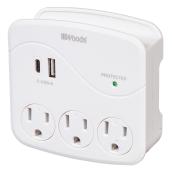 Woods Surge Protection 3-Outlet Adapter - EZ-Pull - 2USB Ports - 15-amp