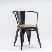 Tolix Collection, Dining Chair with Arms, Satin Black with Wood Seat, Set of 2