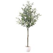 67-in Green Artificial Olive Tree 595 Leaves and 42 Olive Fruits White Pot