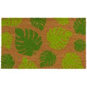 Tapis d'accueil en fibre de coco FHE, naturel, motif feuilles vertes, 18 po l. x 30 po L.