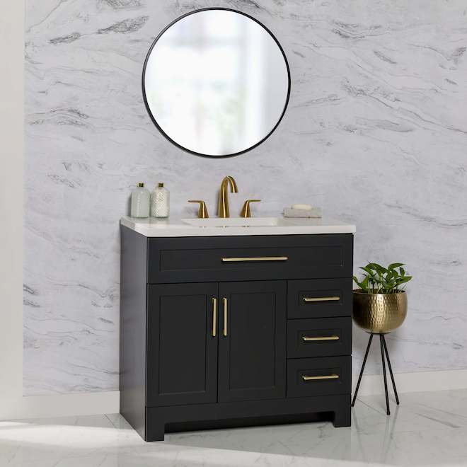 Landon & Co. Maria 36-in Vanity Shaker Style with 2 Doors and 4 Drawers - Matte Black