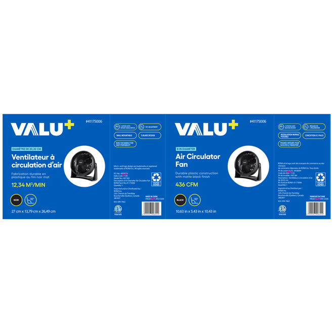 Ventilateur de table VALU+ à circulation d'air 8 po 436 pi³/min, noir
