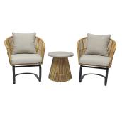 allen + roth Anchora Wicker Patio Conversation Set with Black Steel Frame and Grey Cushions - 3-Piece