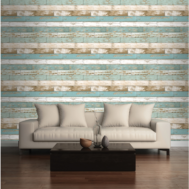 Wallpaper-Plank Style - 20.5" x 33' - Beige/Teal