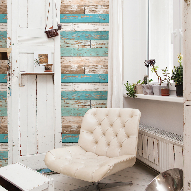 Wallpaper-Plank Style - 20.5" x 33' - Beige/Teal