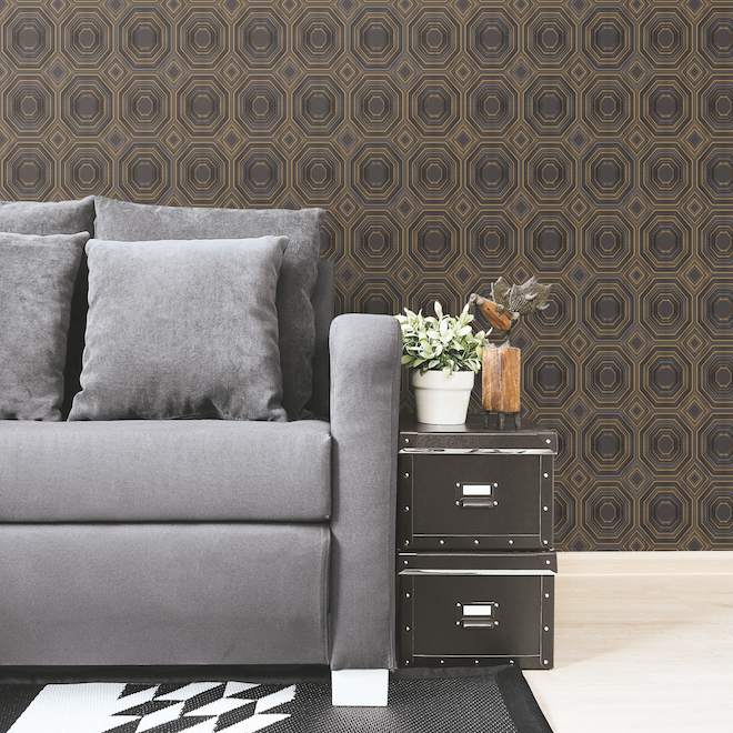 NuWallpaper Peel-and-Stick Bees Knees Wallpaper - Black and Gold Geometric Pattern - 20.5-in x 18-ft