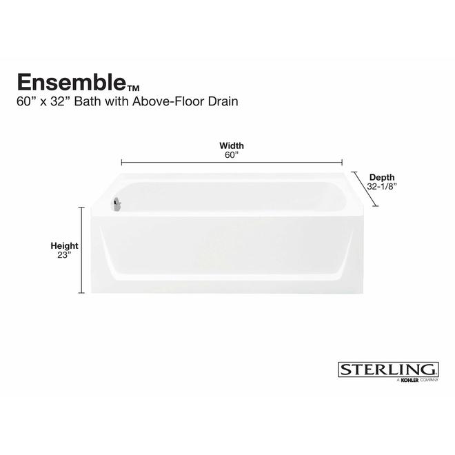 KOHLER Ensemble 32-in x 60-in White Polyresin/Fibreglass Rectangular Bathtub with Left-Hand Drain