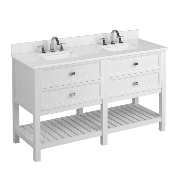 Canterbury 60-In White Undermount Double Sink Bathroom Vanity White Engineered Stone Top