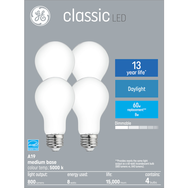 GE Classic Daylight 60 W Replacement Frosted General Purpose A19 Light Bulbs (4-Pack)