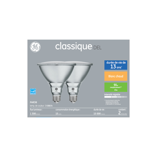 Ampoules pour projecteurs extérieurs PAR38 de GE, 15 W équivalent à 90 W, blanc chaud, paquet de 2