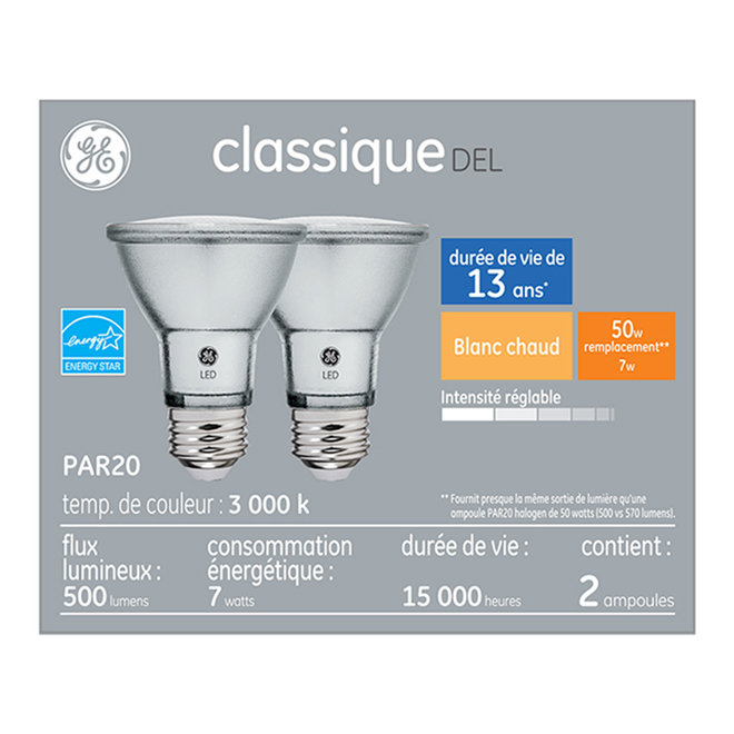 Ampoules DEL PAR20 à culot moyen de GE, 7 W équivalent à 50 W, blanc chaud, paquet de 2