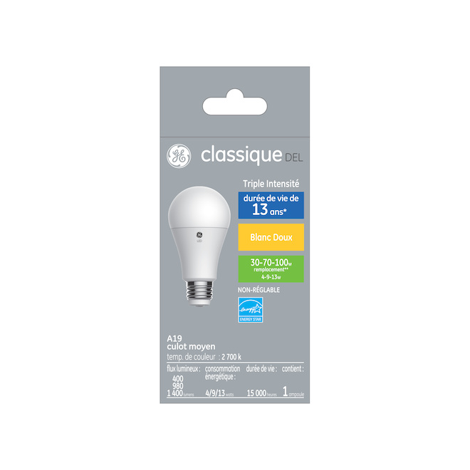 Ampoule à DEL blanc doux 30/70/100W A19 de GE