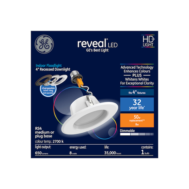 GE Reveal HD+ Colour-Enhancing 50W Replacement 4-in Recessed Can Indoor Floodlight RS4 (1-Pack)