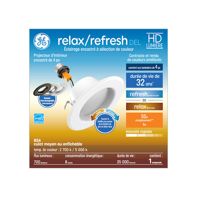 Ampoule Relax de 50W RS4 à intensité variable de 4 po de GE