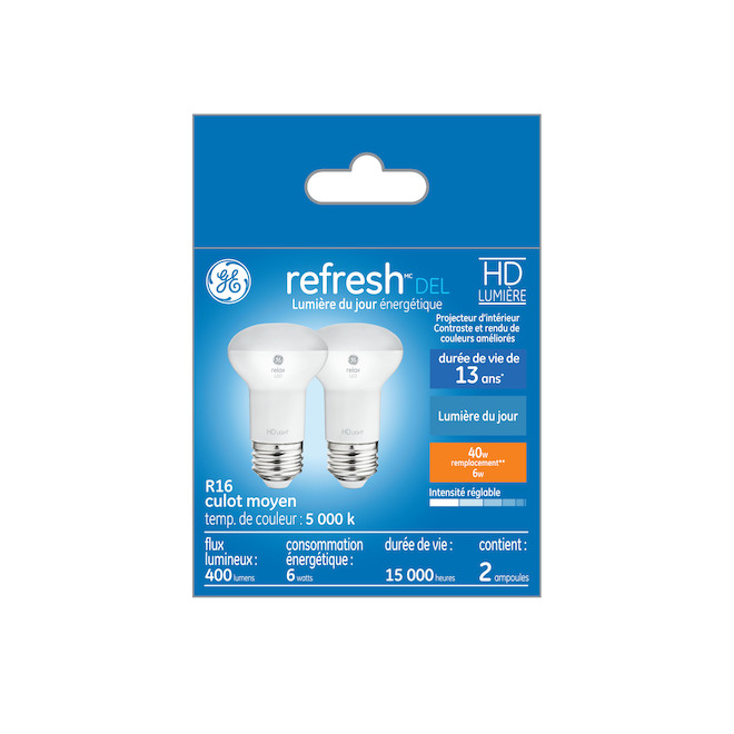 Ampoules de remplacement R16 lumière du jour HD REFRESH de GE 40 W, pour les appareils d'éclairage d'intérieur (2/pqt)