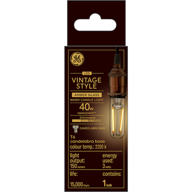 Image of GE | VintaGe Warm Candlelight 40W Replacement LED Decorative Amber Finish Candelabra Base Tubular T6 Light Bulb (1-Pack) | Rona